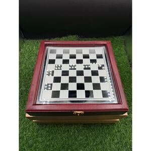 Vintage Burgundy Wood & Glass Chess / Checkers Set – Used